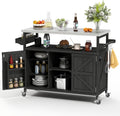 Zevemomo Outdoor Grill Cart, Stainless Steel Tabletop Outdoor Kitchen Island, Solid Wood Outdoor Buffet Cabinet with Lockable Wheels for Grilling, Black