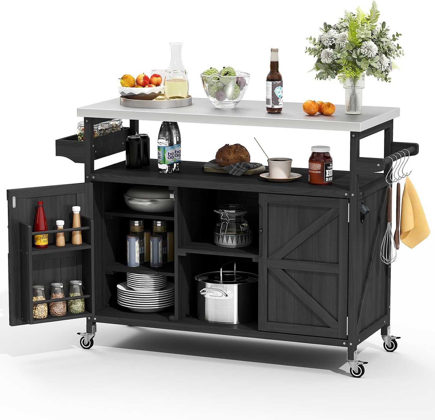 Zevemomo Outdoor Grill Cart, Stainless Steel Tabletop Outdoor Kitchen Island, Solid Wood Outdoor Buffet Cabinet with Lockable Wheels for Grilling, Black