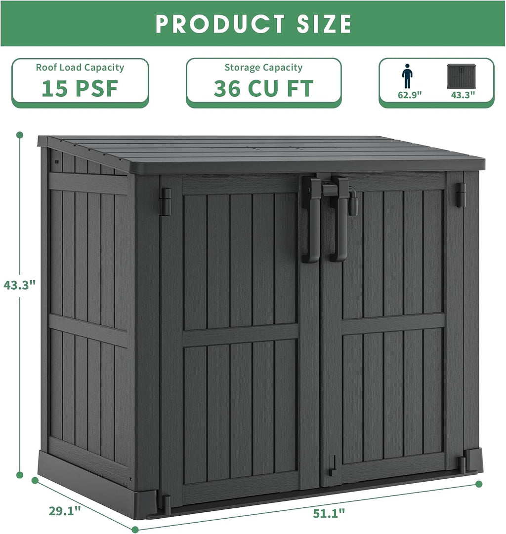 Outdoor Horizontal Resin Storage Shed,Portable Outdoor Storage Cabinet 36 Cu Ft with Lockable Doors -Waterproof Storage Box for Backyards,Easy to Assemble Black