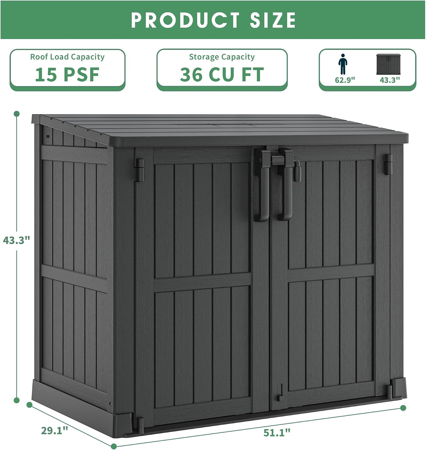 Outdoor Horizontal Resin Storage Shed,Portable Outdoor Storage Cabinet 36 Cu Ft with Lockable Doors -Waterproof Storage Box for Backyards,Easy to Assemble Black