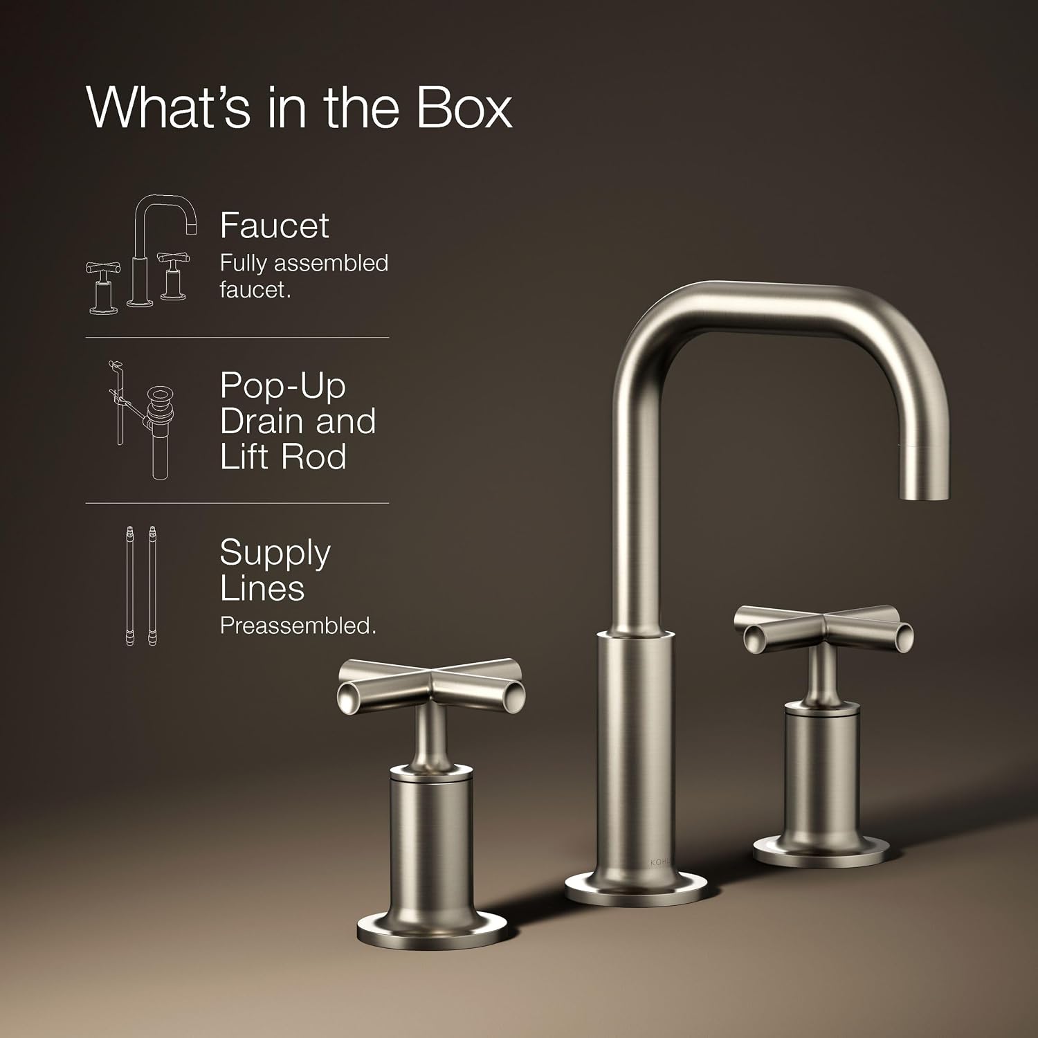 KOHLER K-14406-3-BN Purist® Widespread Bathroom Sink Faucet, Bathroom Faucets, 3-Hole with Low Cross Handles, 1.2 GPM, Vibrant Brushed Nickel
