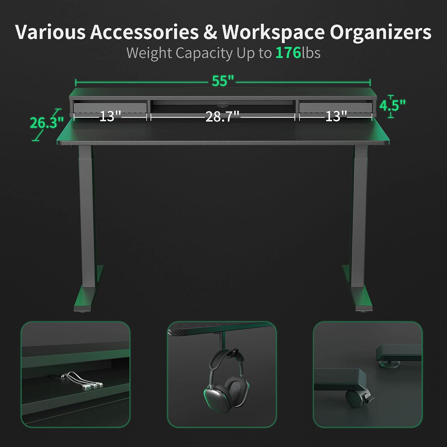 FEZIBO 55 x 25 Inch Height Adjustable Electric Standing Desk with Double Drawers, Stand Up Desk with LED Strips, Sit Stand Desk with Monitor Stand, Blcak