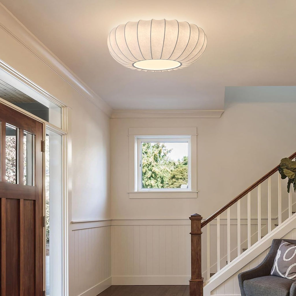 Mid Century Modern White Silk Shade Semi Flush Ceiling Light Japanese Style Drum Fabric Ceiling Light Large Boho Chandelier Light Fixture (20 Inches)