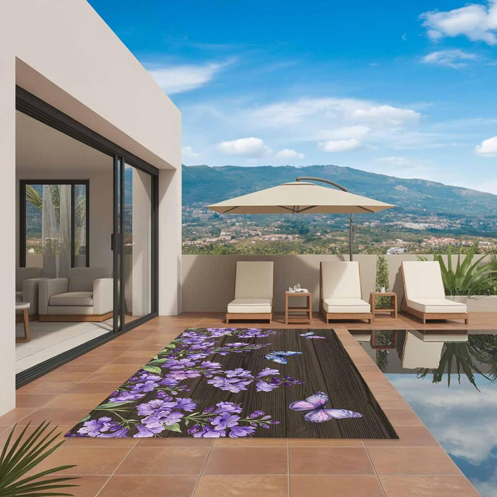 Purple Flowers Outdoor Rug for Patio/Deck/Porch, Non-Slip Large Area Rug 5 x 7 Ft, Butterfly Spring Floral Wooden Farmhouse Indoor Outdoor Rugs Washable Area Rugs, Reversible Camping Rug Carpet Runner