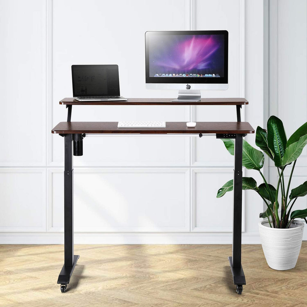 UNICOO Electric Height Adjustable 2-Tier Raising Desk with Wheels, Mobile Standing Desk with Monitor Stand, Ergonomic Adjustable Computer Table, Electric Standing Game Table for Home Office