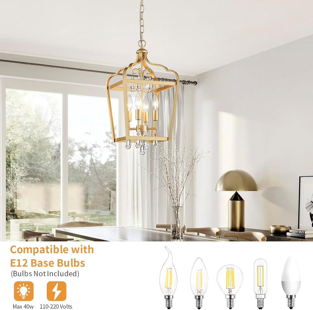 Gold Crystal Chandelier, 4-Light Modern Chandeliers for Dining Room Light Fixture Over Table Adjustable Height Hanging Farmhouse Pendant Light for Hallway Entryway Living Room Kitchen Island Bedroom