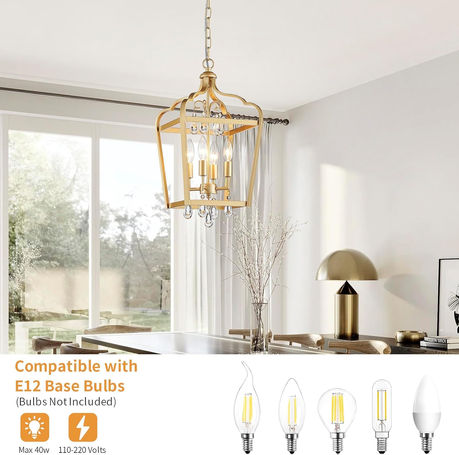 Gold Crystal Chandelier, 4-Light Modern Chandeliers for Dining Room Light Fixture Over Table Adjustable Height Hanging Farmhouse Pendant Light for Hallway Entryway Living Room Kitchen Island Bedroom