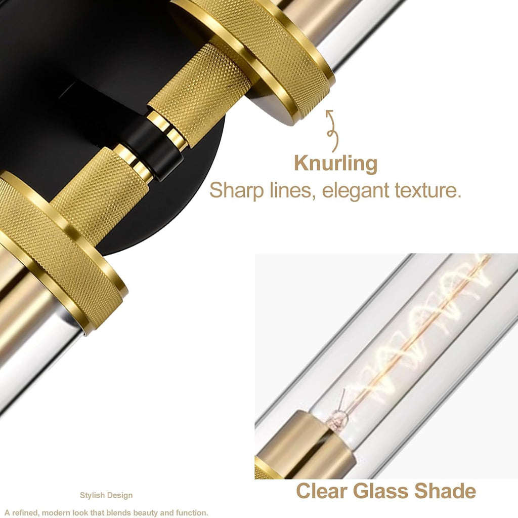 LaLuLa 2-Pack Hardwired Black and Gold Bathroom Vanity Light Fixtures – Modern 2-Light Wall Sconces with Knurled Texture and Clear Glass Shades, Bathroom Lighting Fixtures Over Mirror, 25 Inch