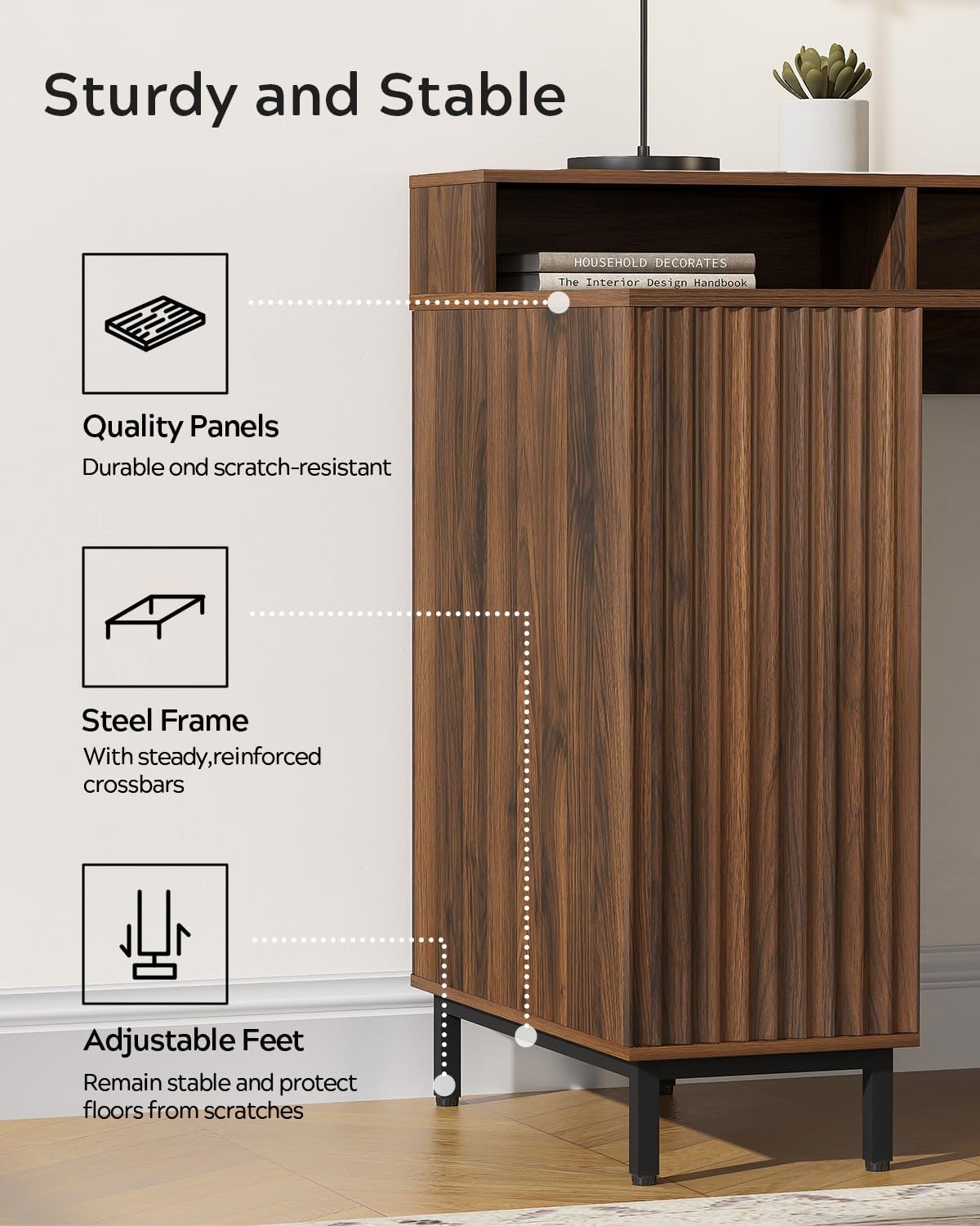 EYYTHUNG Brown Fluted Executive Desk with Storage Shelf & File Drawer, 55' Modern Wood Office Desk with Monitor Stand & Charging Station, Home Writing Computer Table for Work Study
