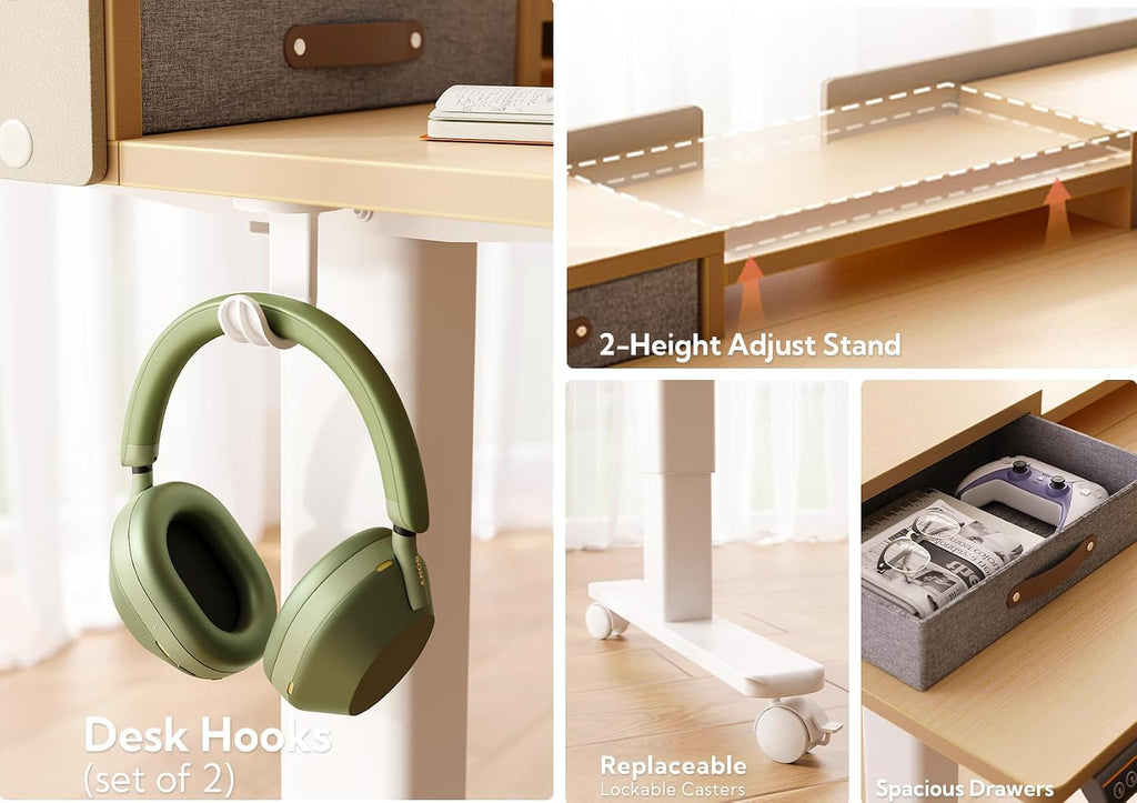 Claiks Standing Desk with Drawers, Adjustable Stand Up Electric Small Standing Desk Adjustable Height with Storage Shelf and Splice Board, 40 Inch, Natural