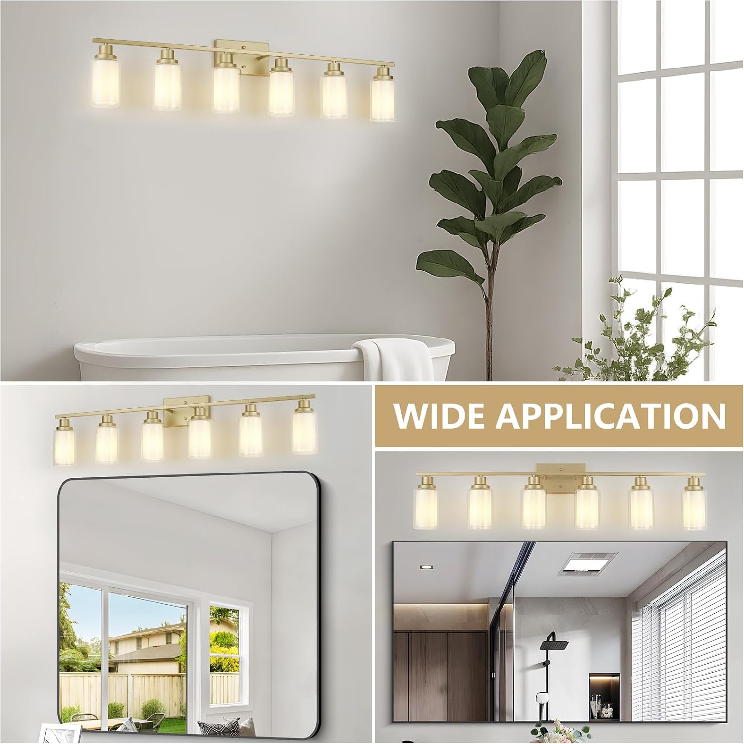 Jonsi Bathroom Vanity Light 6-Light Gold Vanity Lights 44.5' Bathroom Light Fixtures Over Mirror with Double Clear Glass Modern Wall Sconces for Living Room Hallway Bedroom