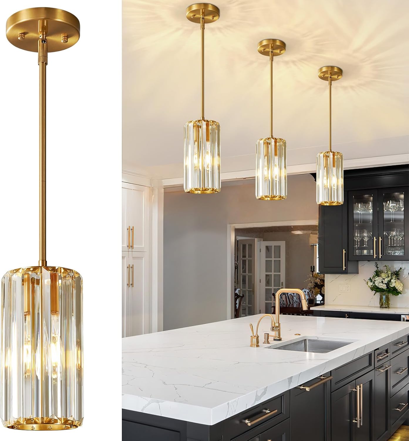 Gold Pendant Lighting Modern Pendant Light Mini Crystal Chandeliers Adjustable Pendant Light Fixture for Kitchen Island Dinning Room Corridor Bedroom(Gold 3-Pack)