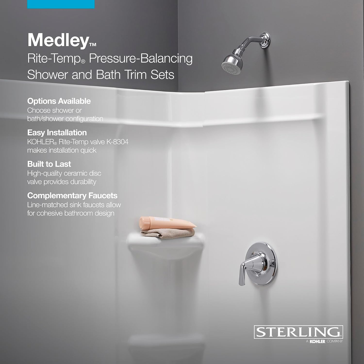 Sterling TS27377-4G-BL Medley Rite-Temp Bath and Shower Faucet Trim Set, 1.75 GPM, Easy to Clean, Premium Durable Construction, Corrosion Resistant, Matte Black