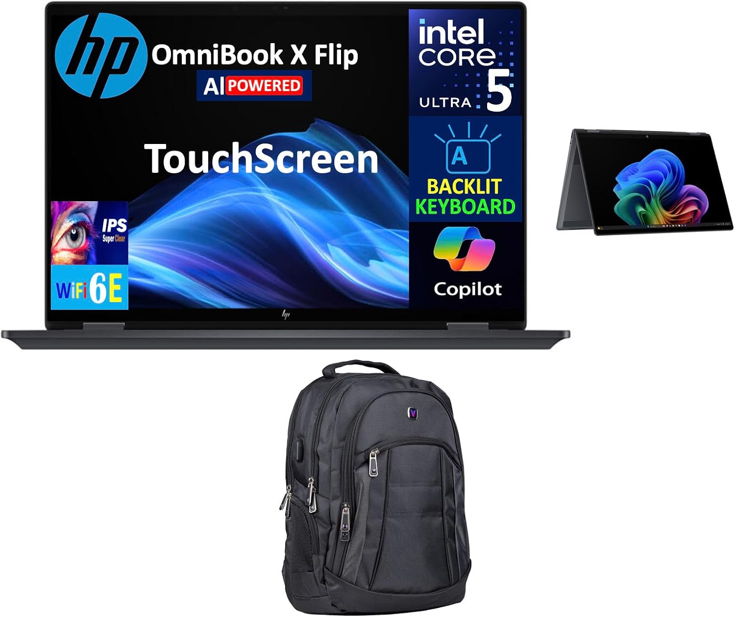 HP OmniBook AI Powered 2-in-1 Laptop 16.0' Touchscreen IPS WUXGA Display (Intel Ultra 5-226v, 16GB LPDDR5X, 2TB PCIe SSD, Backlit KB, Thunderbolt 4, WiFi 6E, Webcam, Win 11 Pro) w/Premium Backpack