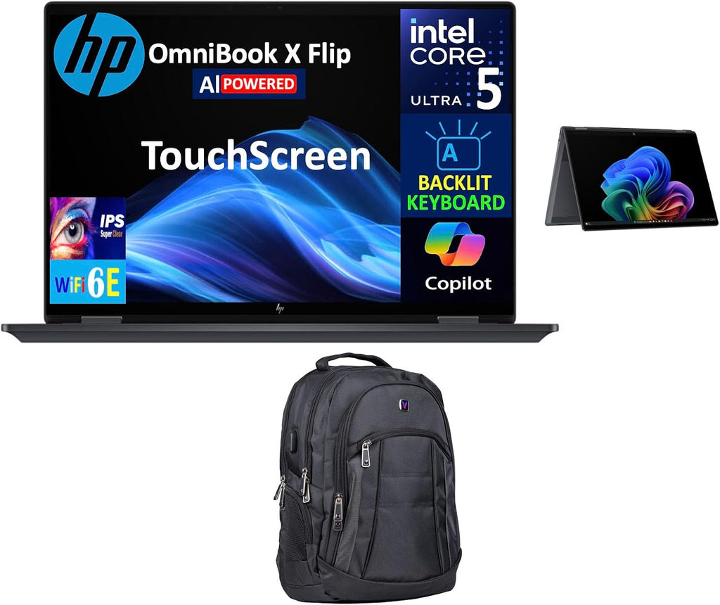 HP OmniBook AI Powered 2-in-1 Laptop 16.0' Touchscreen IPS WUXGA Display (Intel Ultra 5-226v, 16GB LPDDR5X, 512GB PCIe SSD, Backlit KB, Thunderbolt 4, WiFi 6E, Webcam, Win 11 Pro) w/Premium Backpack