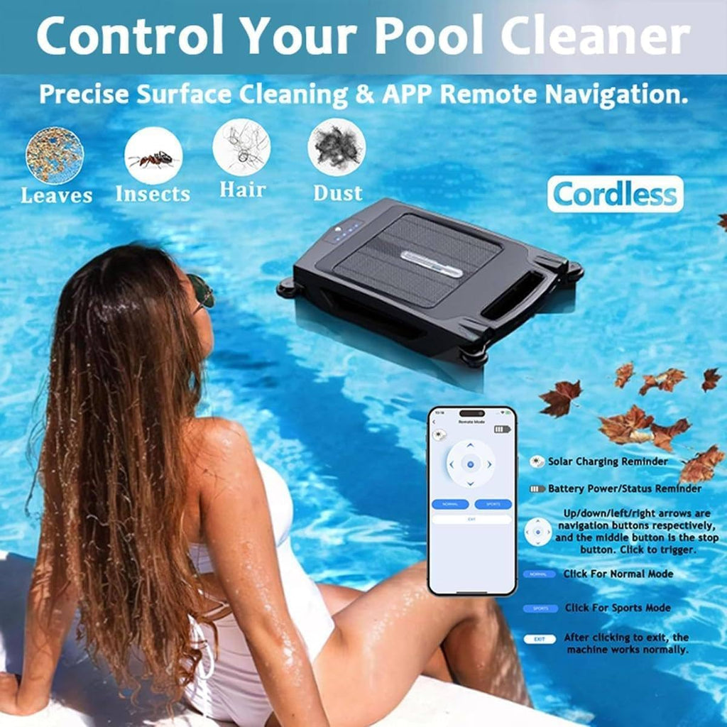 Solar Pool Surfaces Cleaner, Solar Robotic Pool Skimmer Cleaner, Cordless Robotic Pool Cleaner, Navigation Sensor, Daytime & Overnight Continuous Cleaning, Dual Charging Modes Cleaning