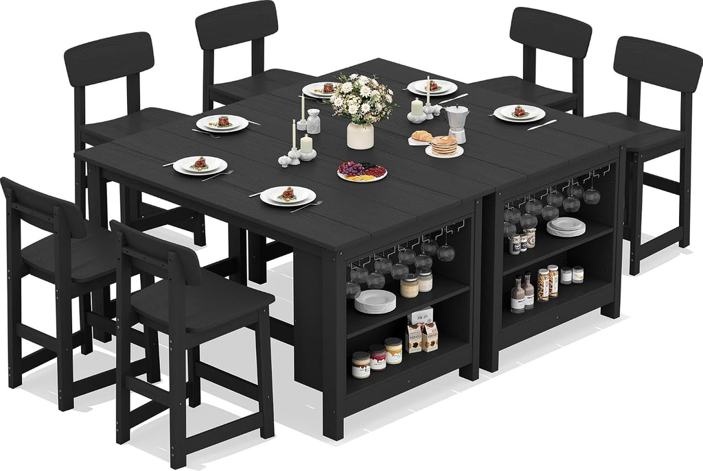 SERWALL 8-Piece Counter Height DiningTable Sets with Storage and Wine Rack, HDPE 2 Rectangular Bar Table with Bar Stools Set of 6 for Garden, Backyard, Kitchen, Black