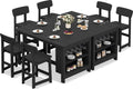SERWALL 8-Piece Counter Height DiningTable Sets with Storage and Wine Rack, HDPE 2 Rectangular Bar Table with Bar Stools Set of 6 for Garden, Backyard, Kitchen, Black