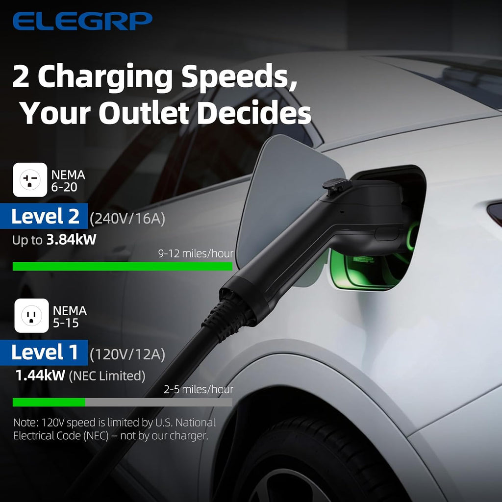 ELEGRP Level 1/2 EV Charger, 16 Amp, Portable J1772 Electric Car Charger, 16FT Cable, NEMA 6-20 & 5-15 Adapter, 110V-240V for BEVs/PHEVs, PBE & LRC Technology