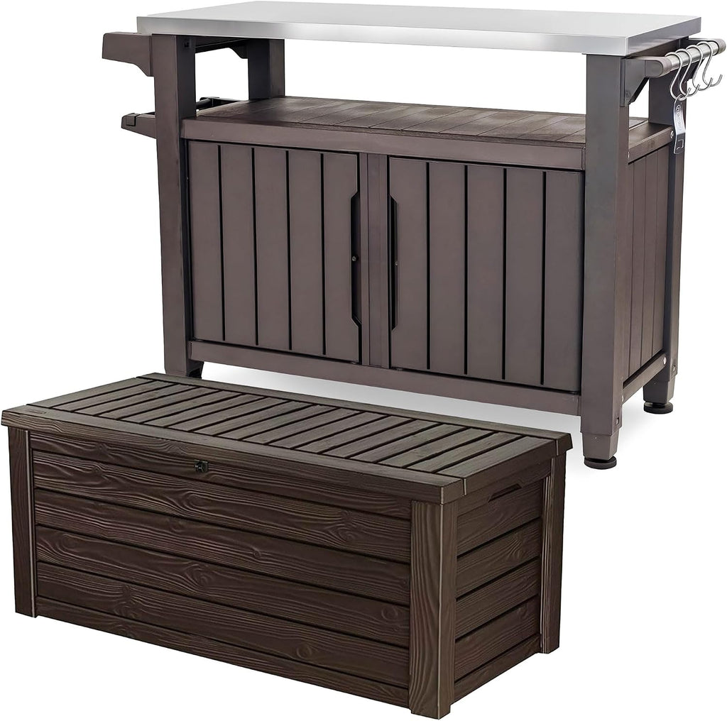 Keter Unity XL Outdoor Kitchen Rolling Bar Cart, Storage Cabinet Bundled with Westwood 150 Gallon Plastic Outdoor Furniture Storage Deck Box, Espresso