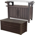 Keter Unity XL Outdoor Kitchen Rolling Bar Cart, Storage Cabinet Bundled with Westwood 150 Gallon Plastic Outdoor Furniture Storage Deck Box, Espresso