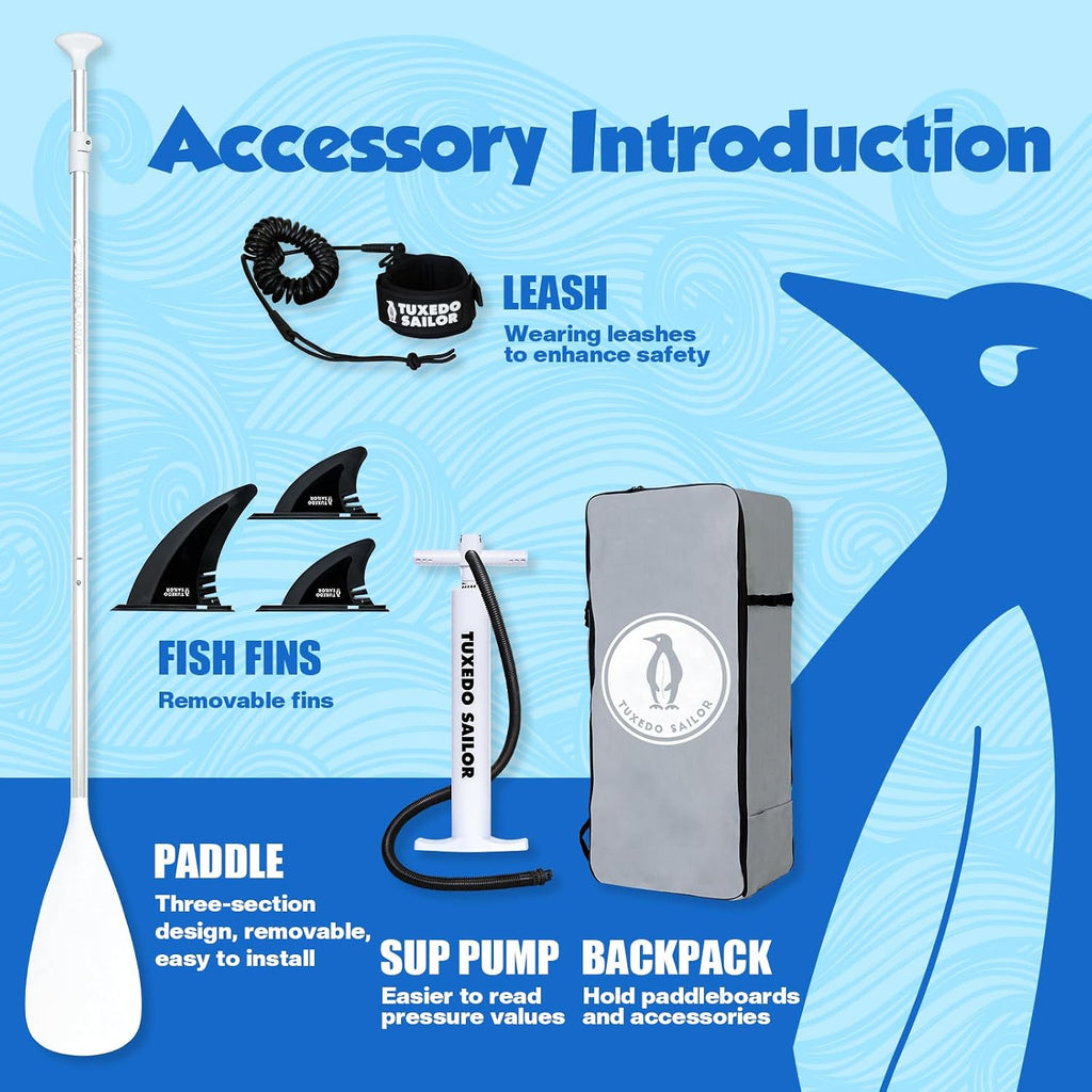 Tuxedo Sailor 10'6'×33'×6' Inflatable Stand Up Paddle Board with Premium SUP Accessories,Adults & Youth for All Skill Levels, Included with Board, Paddle, Pump, Fins, Backpack Blue Paddleboard