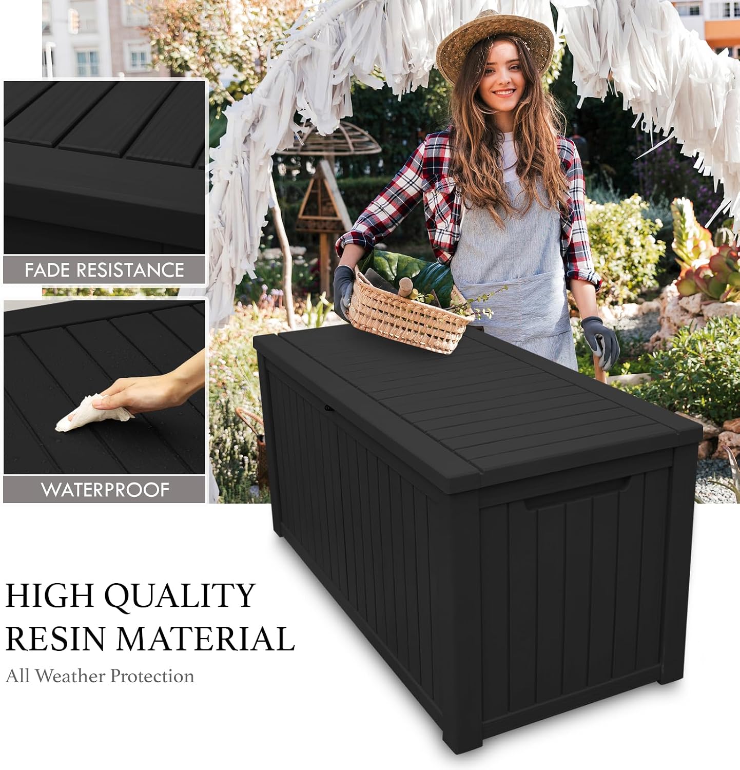 AJP Distributors Outdoor Storage Shed, Large Resin Storage Box, Waterproof and lockable, suitable for garden, patio, garage, backyard storage (Blcak, 180gal)