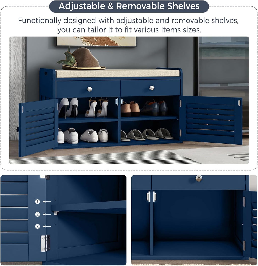WARMHONIU Shoe Storage Bench with 2 Drawers, Entryway Bench with Cushion, Adjustable Shelves, Shoe Rack Bench with Louvered Doors for Entryway, Bedroom, Hallway, Blue