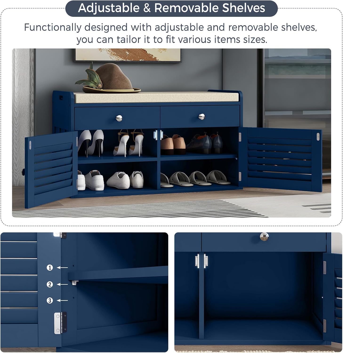 WARMHONIU Shoe Storage Bench with 2 Drawers, Entryway Bench with Cushion, Adjustable Shelves, Shoe Rack Bench with Louvered Doors for Entryway, Bedroom, Hallway, Blue