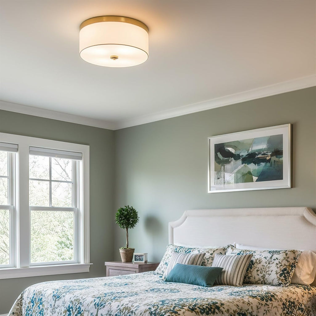 Kira Home Walker 15' Modern Drum Gold Flush Mount Ceiling Light, White Fabric Shade with Frosted Glass Diffuser, 3-Light Close to Ceiling Fixture, Cool Brass Finish