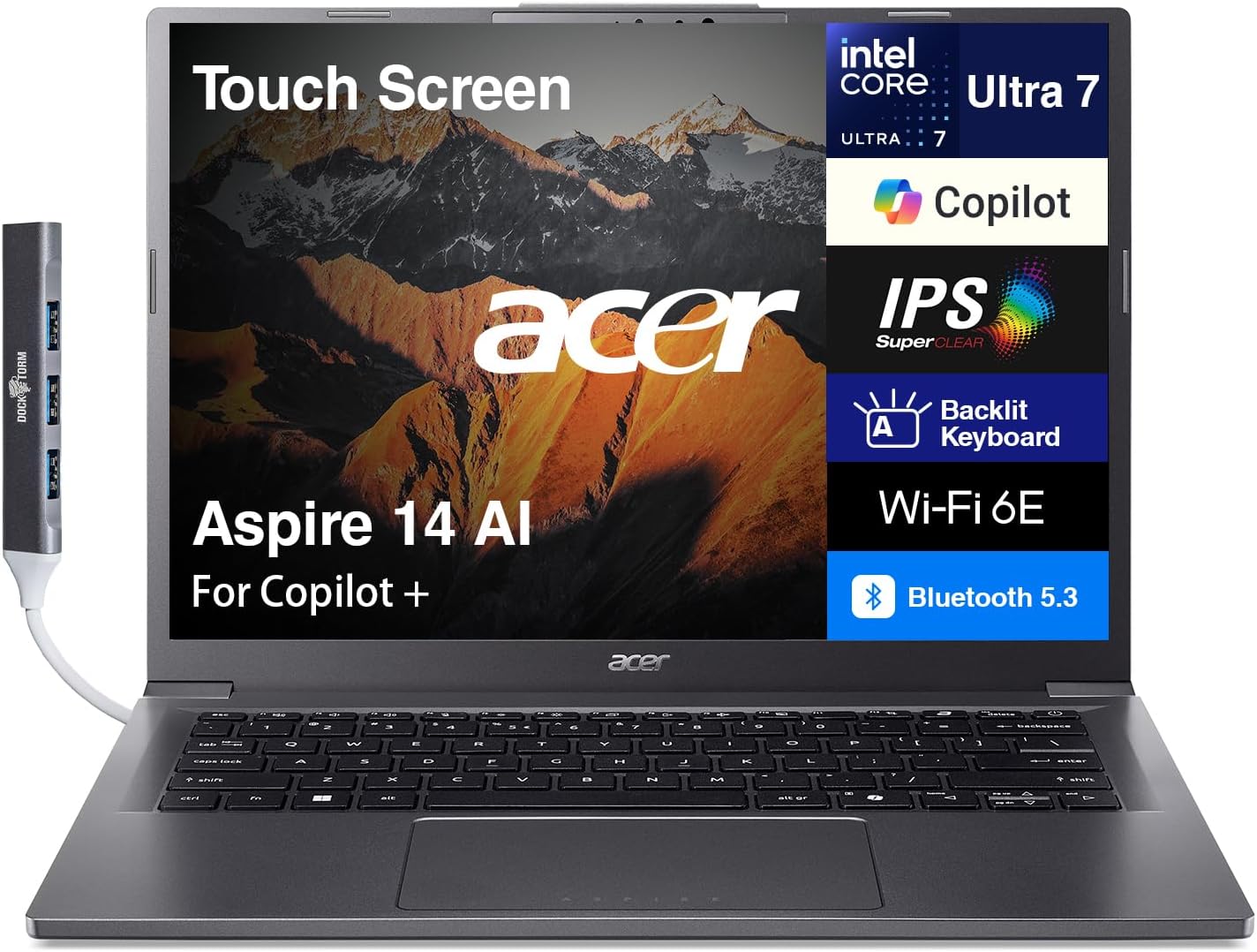 acer Aspire 14 AI Copilot+ Laptop 14' Touchscreen IPS WUXGA (Intel 8-core Ultra 7-258V (>Ultra 9 185H), 32GB LPDDR5X, 4TB SSD, Intel Arc 140V, Backlit, 2 Thunderbolt 4, Win 11 Home) w/DKZ USB Port
