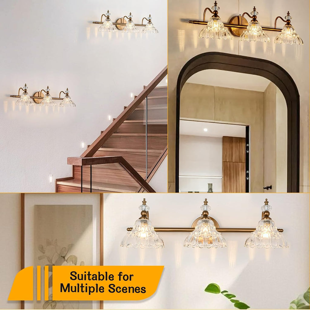 LOUSACE 3-Light Gold Vintage Bathroom Vanity Lights, Antique Brass Bathroom Light Fixture Over Mirror, Retro Brass Vanity Lighting Fixtures with Crystal Glass Shade, Restroom Wall Light Fixture