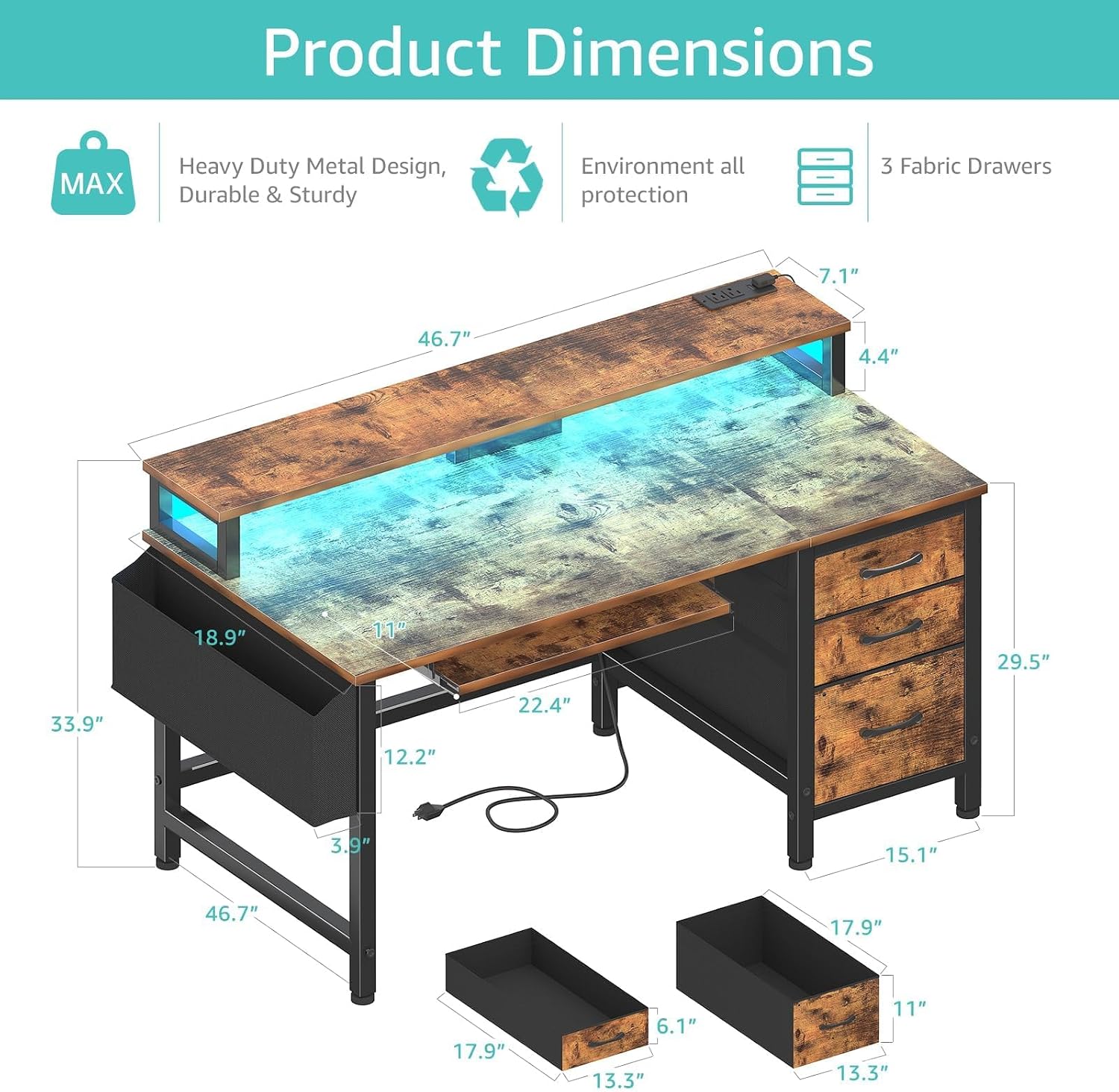 Lufeiya Gaming Desk with LED Lights and Power Outlets, 47 Inch Home Office Desks with Keyboard Tray, Computer Desk with File Drawers Cabinet, Writing Table PC Desks with Monitor Stand, Rustic Brown