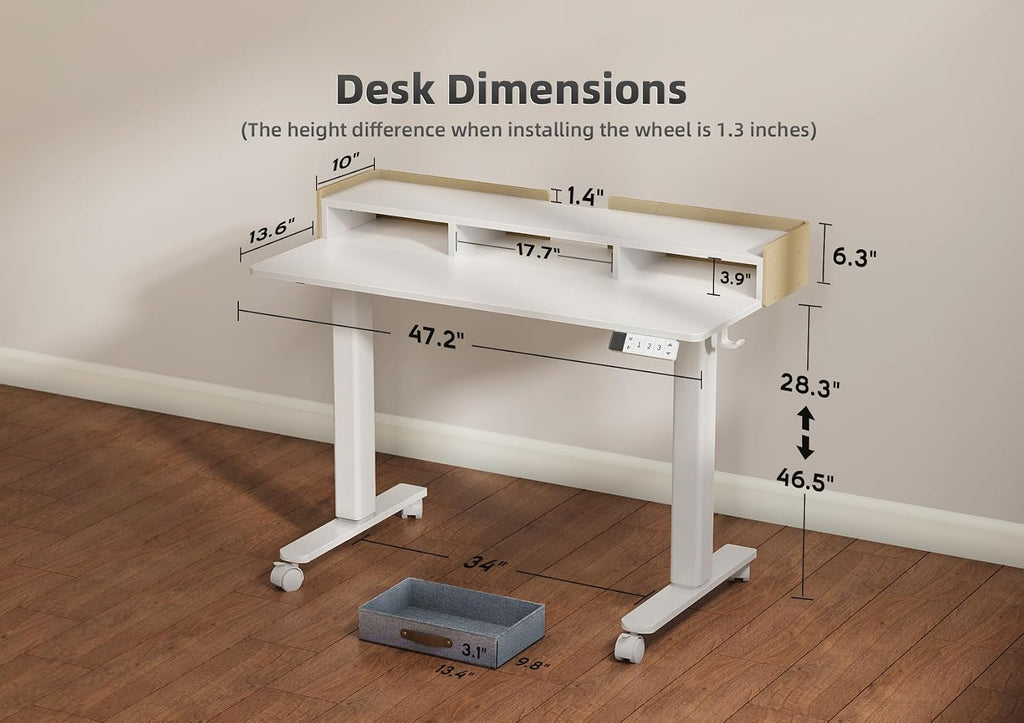 YDN Electric Standing Desk with Drawers, Adjustable Height Stand Up Desk, 48 inch Electric Sit Stand Computer Desk for Home Office, White