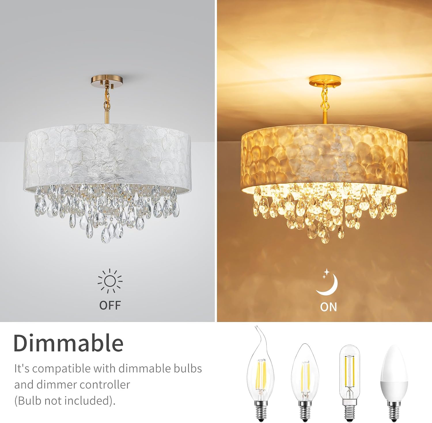 LumFurn X-Large D24in Drum Capiz Shell Crystal Chandeliers, 6-Light Coastal Style Light Fixture for Dining Room, Living Room, D24xH23~71in(Adjustable), K9 Crystal, Shell Lampshade & Gold Finish