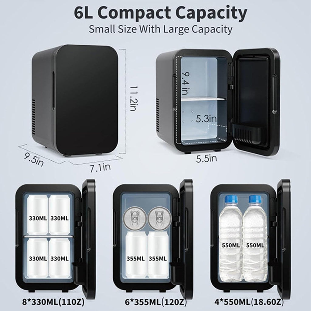 Mini Skincare Fridge (6 Liter/8 Can) with 12V DC 110～220 V AC Cooler and Warmer for Refrigerating Make Up Skin Care and Food Portable Mini Fridge for Bedroom Office and Car,Black