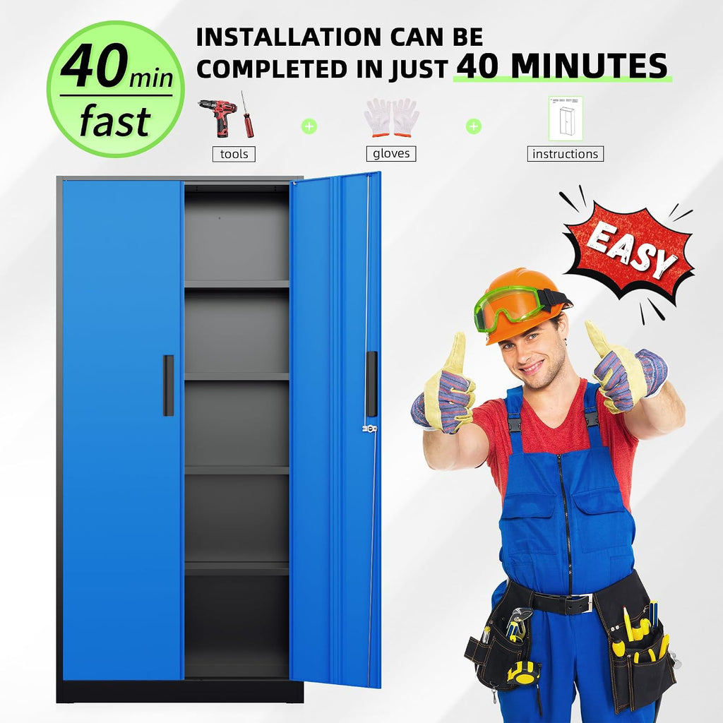 Bonusall 72' Metal Garage Storage Cabinet, 2 Locking Doors & 4 Adjustable Shelves Tall Storage, Heavy Duty Steel Tool Cabinet for Home, Office, Warehouse, School - Black Blue