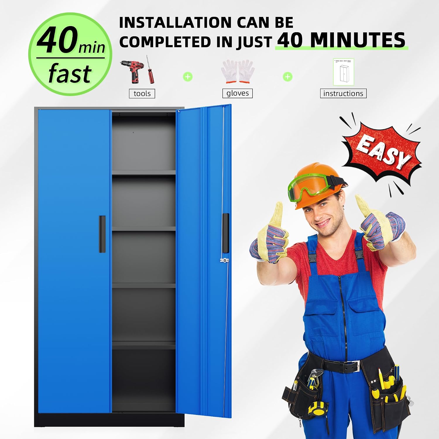 Bonusall 72' Metal Garage Storage Cabinet, 2 Locking Doors & 4 Adjustable Shelves Tall Storage, Heavy Duty Steel Tool Cabinet for Home, Office, Warehouse, School - Black Blue