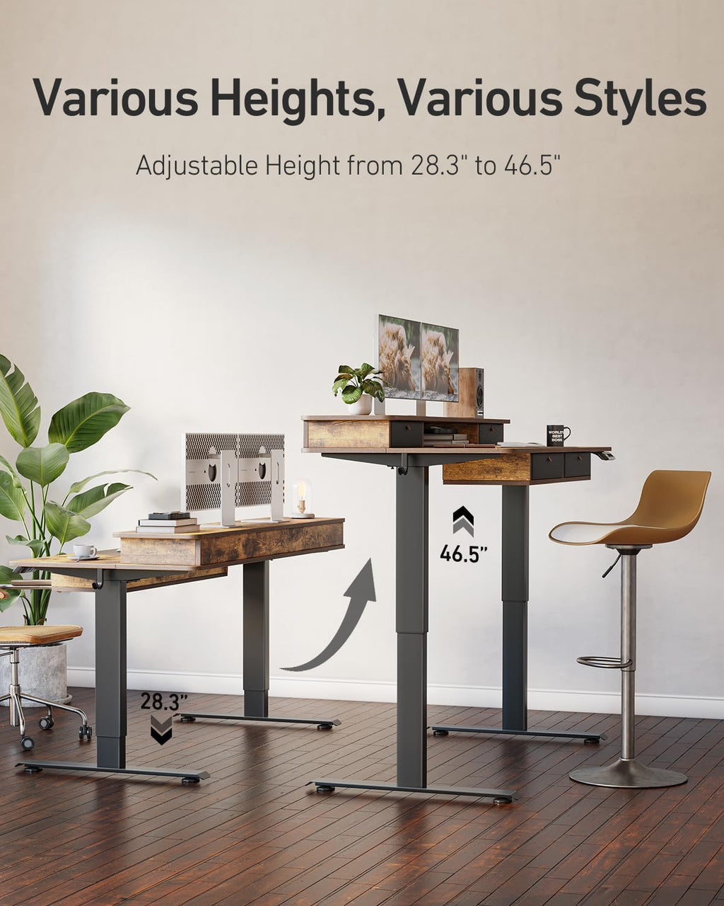FEZIBO 48 x 24 inch Standing Desk with Drawers, Height Adjustable Electric Workstation, Computer Sit Stand Up Table with Large Storage Shelf 4 Drawers and 2 Hooks, Rustic Brown