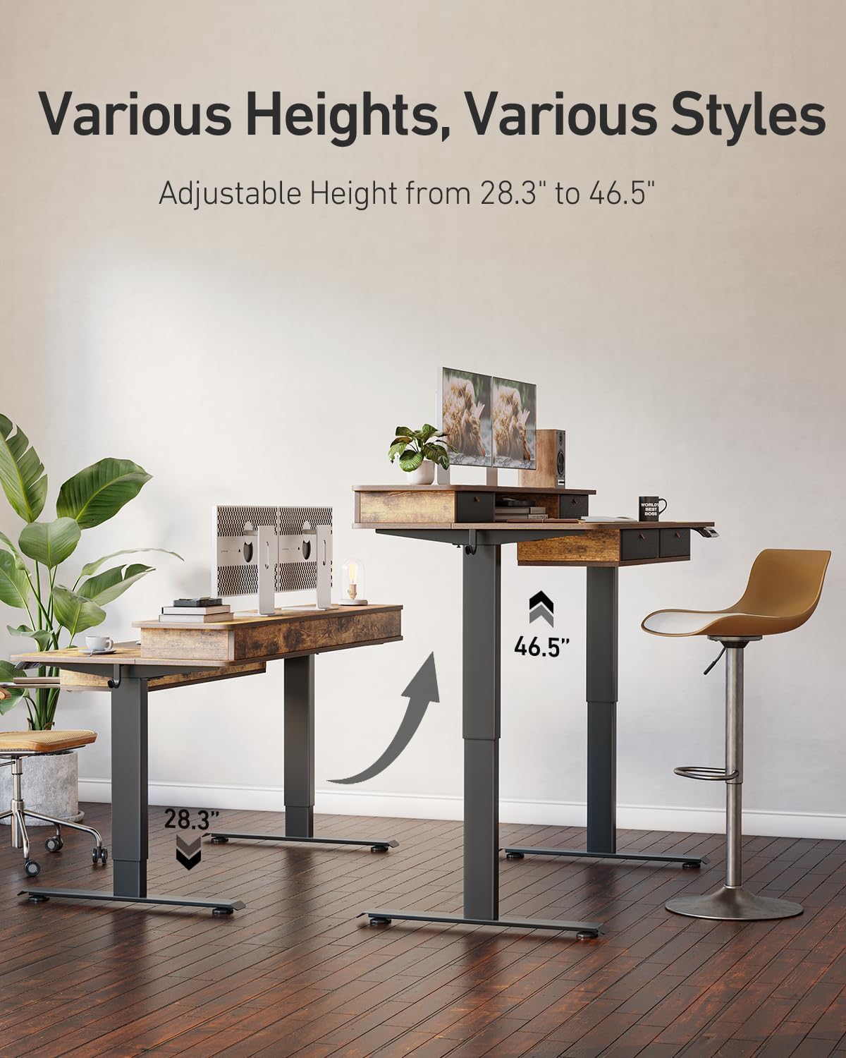 FEZIBO 48 x 24 inch Standing Desk with Drawers, Height Adjustable Electric Workstation, Computer Sit Stand Up Table with Large Storage Shelf 4 Drawers and 2 Hooks, Rustic Brown