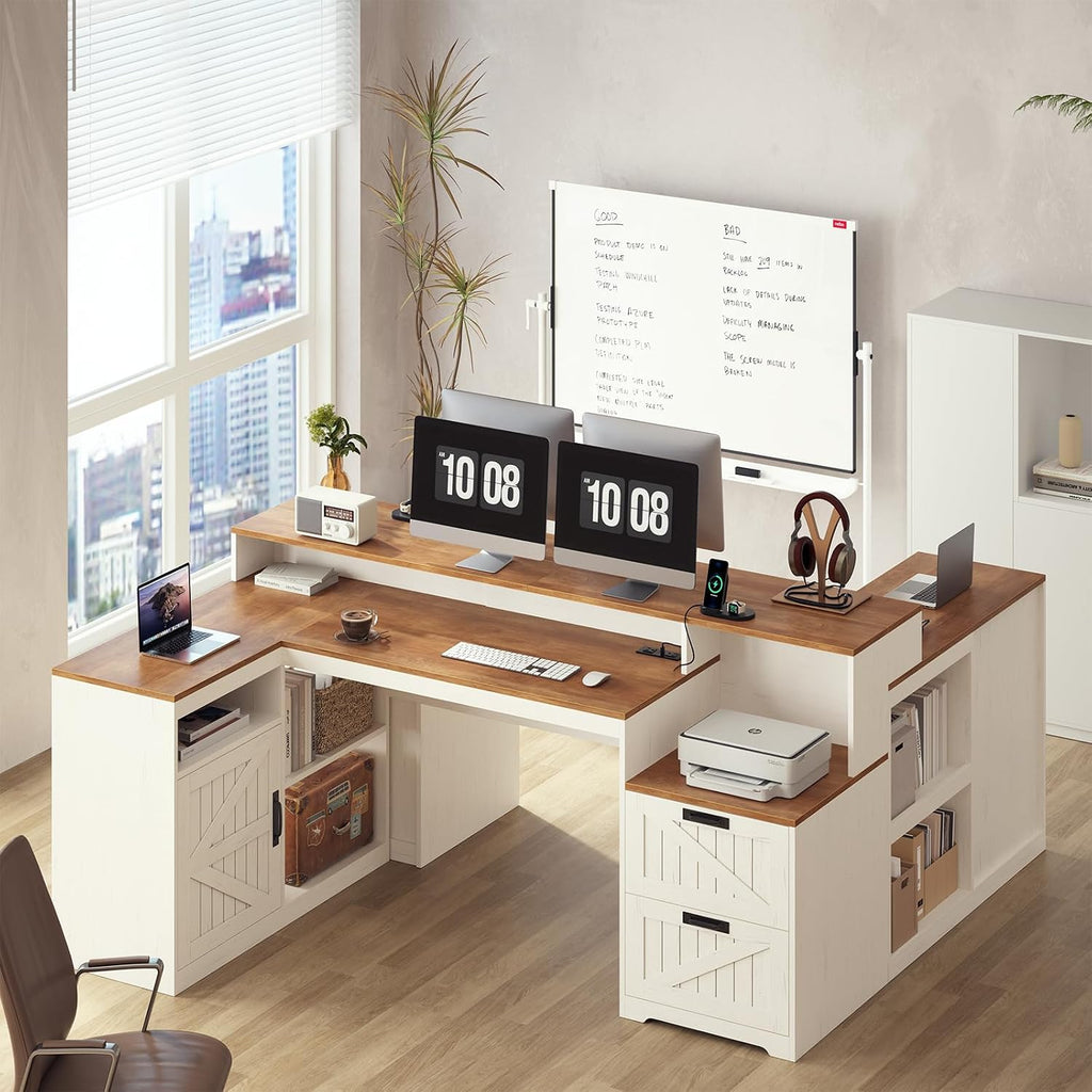 TVU Farmhouse L Shaped Desk with Drawers, 62.2' Home Office Desk with Storage Shelves and Power Outlet, L Shaped Computer Desk with Monitor Stand and Printer Shelf, Brown and White