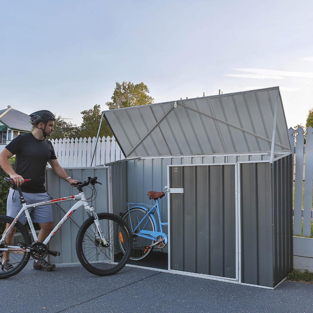Absco Durango 2.5 Ft. x 7.5 Ft. Metal Storage Shed DIY Two Door Woodland Gray Galvanized Steel Bike Shed for Tools, Lawn & Garden Equipment, Outdoor Patio Furniture, Garden Lean to Shed Kit