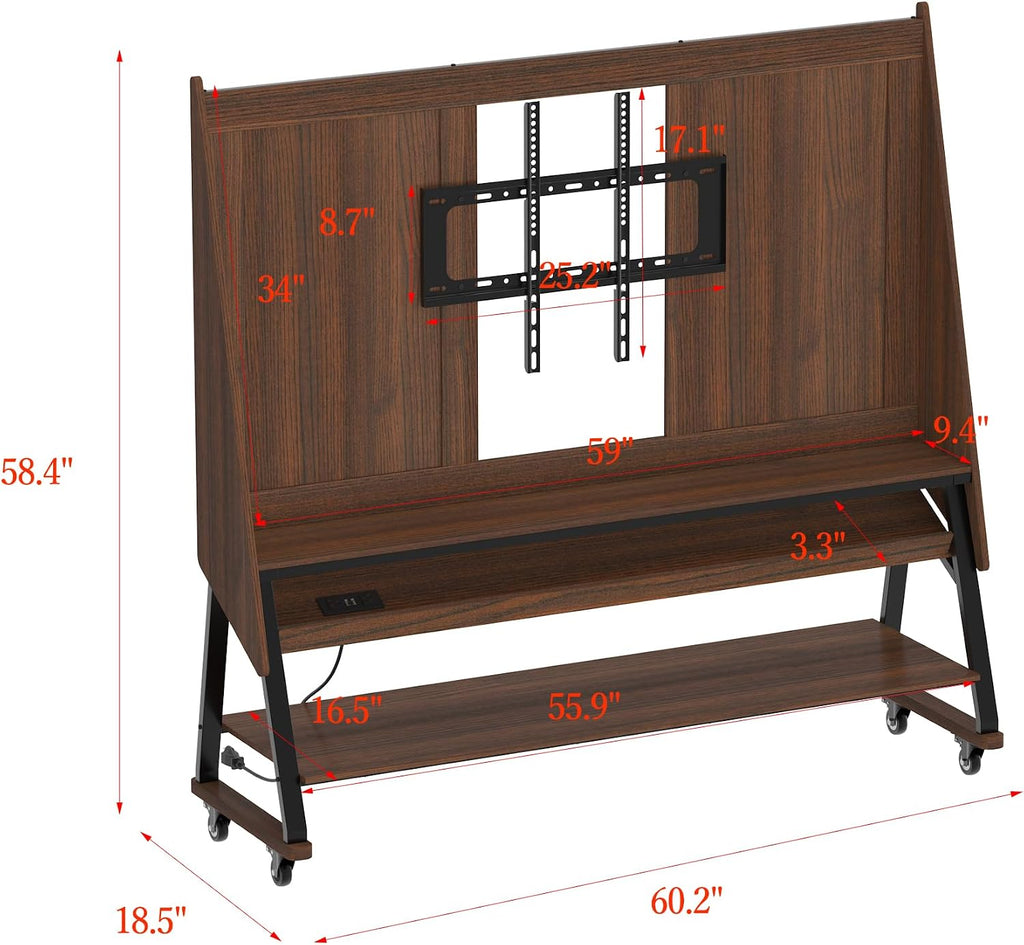 60' W Mobile TV Stand with Mount, Rolling Floor Media Console TV Cart, Wood Corner Monitor Stand with Shelves & Charging Station, for LCD/LED Flat Screens in Home Office, Brown Wood