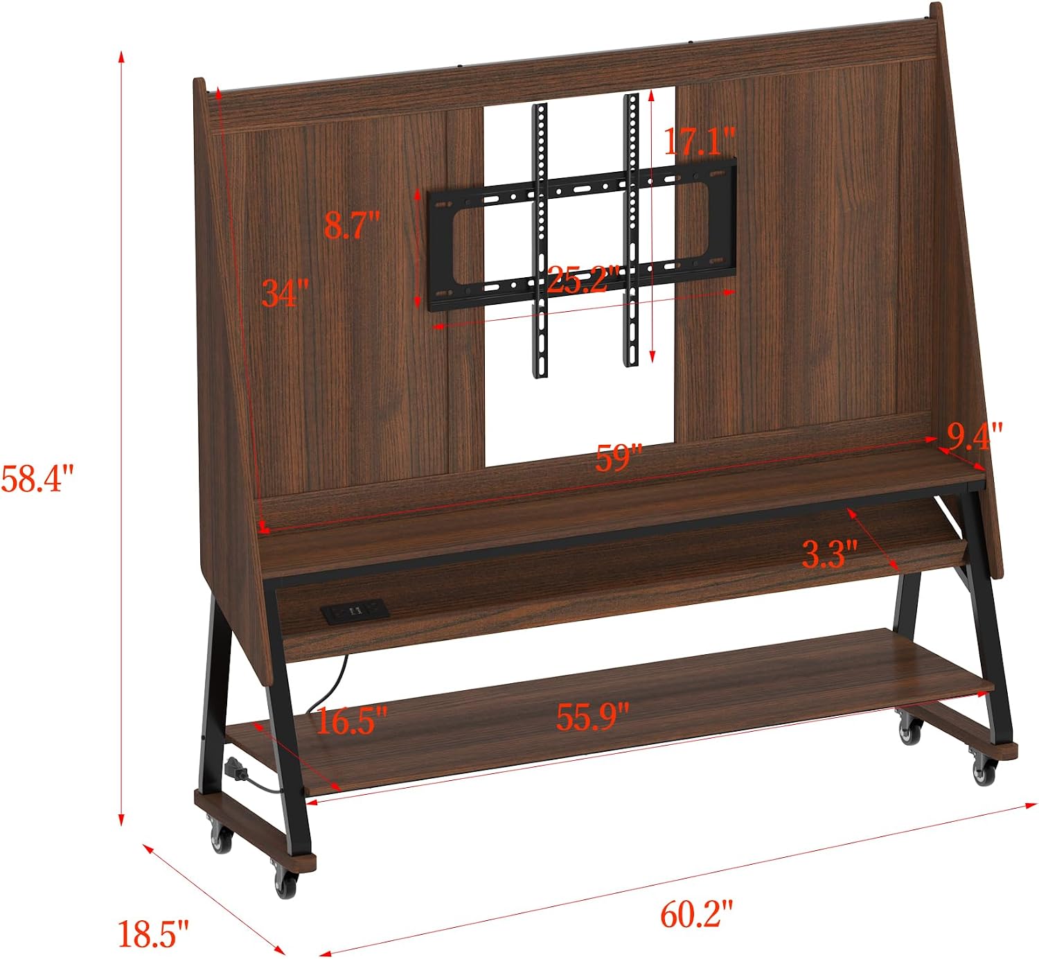 60' W Mobile TV Stand with Mount, Rolling Floor Media Console TV Cart, Wood Corner Monitor Stand with Shelves & Charging Station, for LCD/LED Flat Screens in Home Office, Brown Wood