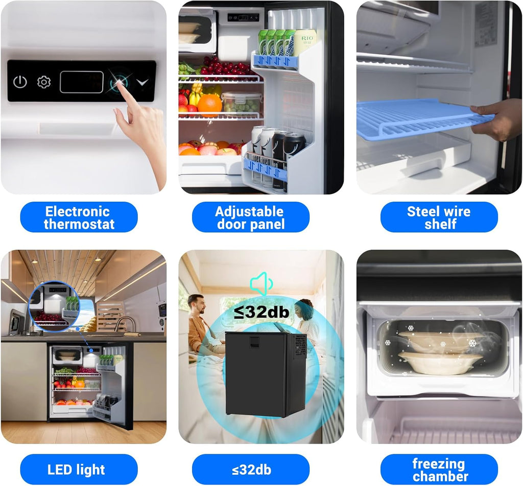 SMETA RV Refrigerator 12V/24V DC Fridge 3 cuft/85L 12 volt Refrigerator Undercounter Electric Cooler for RV Camping Truck Travel, Reversible Door, Seamless, LED