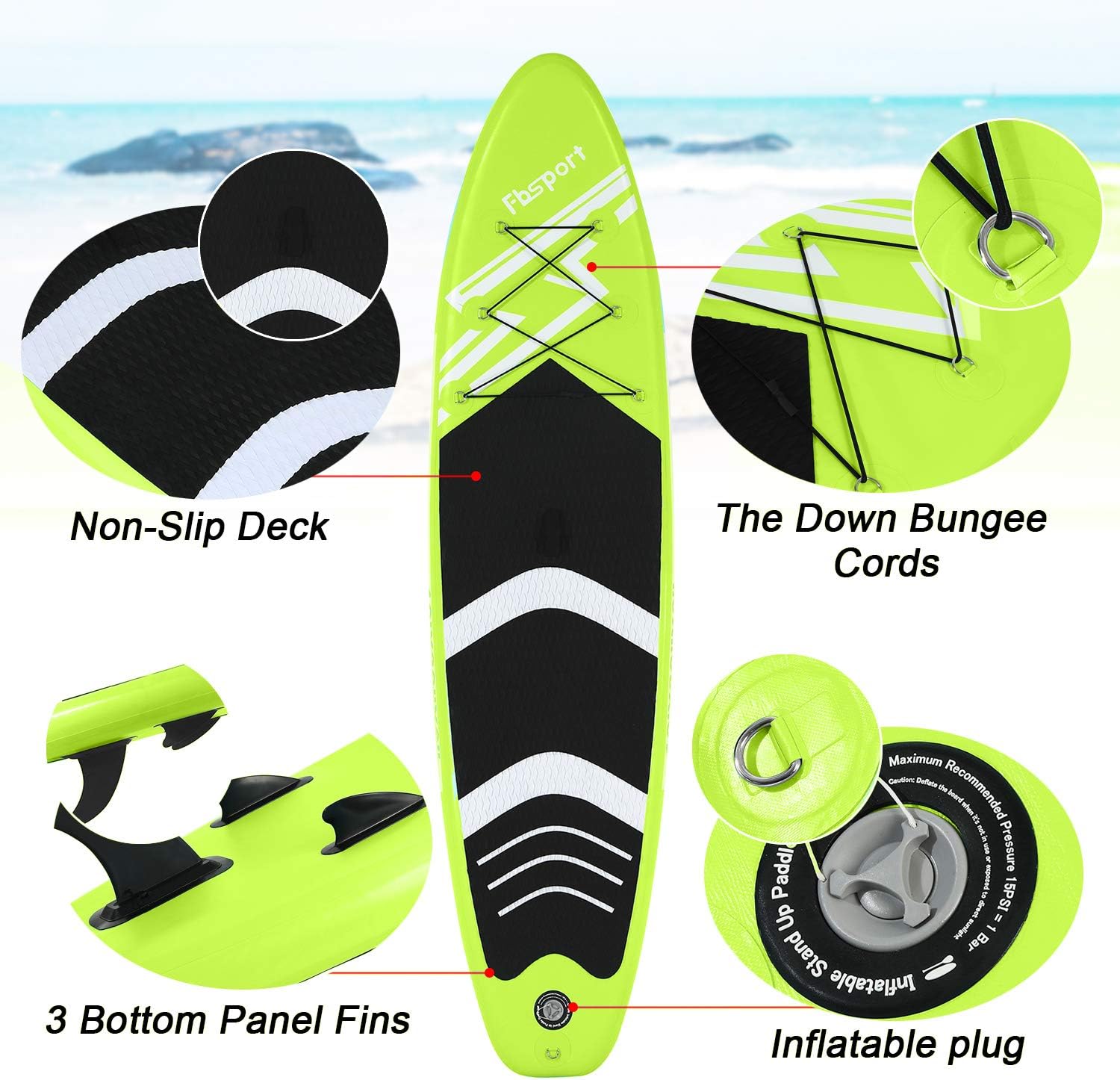 FBSPORT 10'6'' Premium Inflatable Stand Up Paddle Board, Yoga Board with Durable SUP Accessories & Carry Bag | Wide Stance, Surf Control, Non-Slip Deck, Leash, Paddle and Pump for Youth & Adult