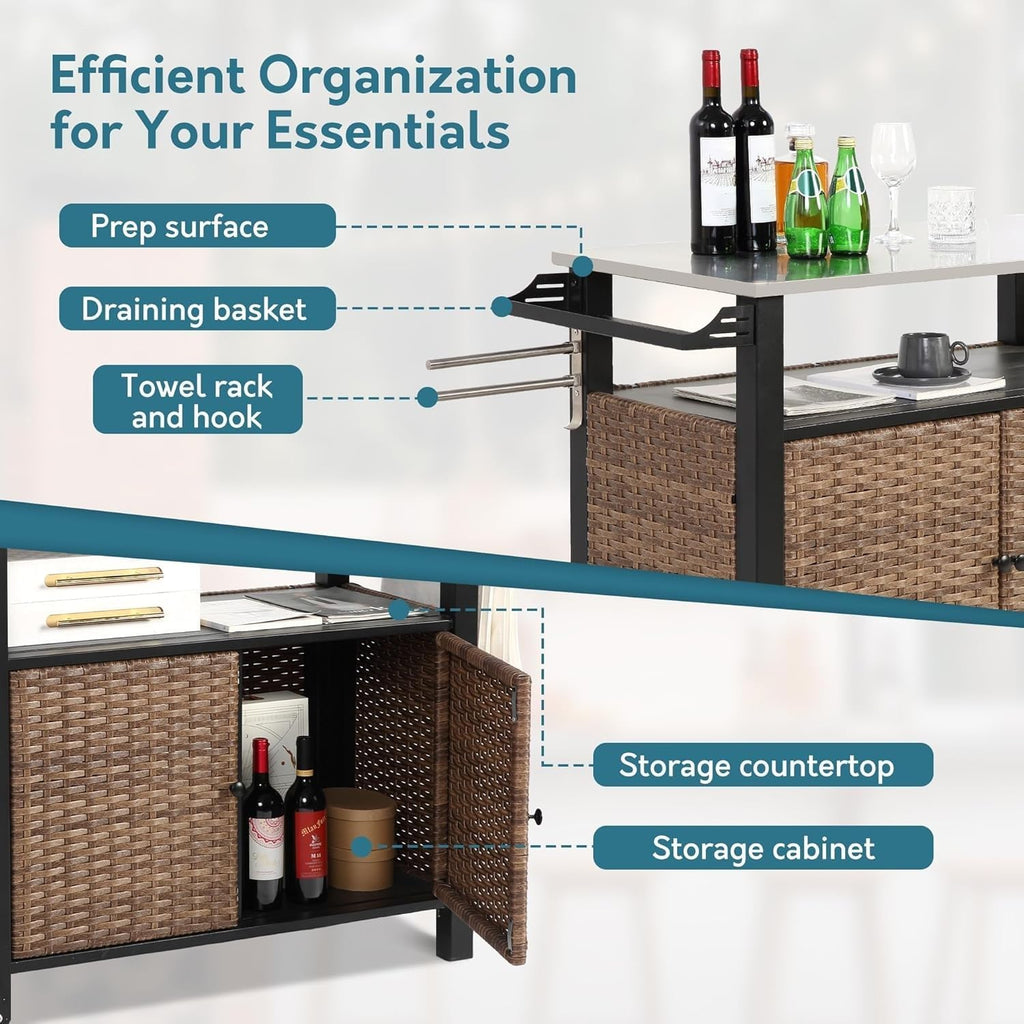 47.2' Grill Cart Outdoor with Wheels, Outdoor Prep Table with Wicker Storage and Rolling Wheels, Kitchen Island Serving Cart with Stainless Steel Table Top for BBQ, Porch, Patio, Brown