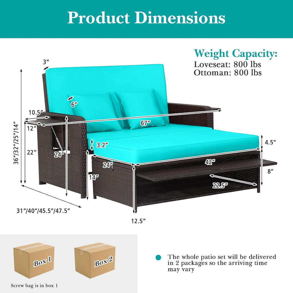 COSTWAY Patio Rattan Daybed with Cushions, Outdoor Wicker Loveseat Sofa with Storage Ottoman, 4-Level Adjustable Backrest, Bed Lounger for Yard, Balcony, Porch, Garden, Pool (Turquoise)