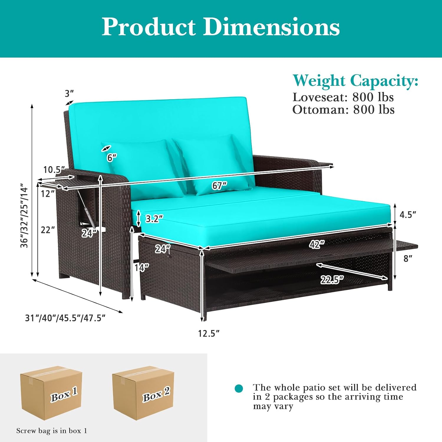 COSTWAY Patio Rattan Daybed with Cushions, Outdoor Wicker Loveseat Sofa with Storage Ottoman, 4-Level Adjustable Backrest, Bed Lounger for Yard, Balcony, Porch, Garden, Pool (Turquoise)