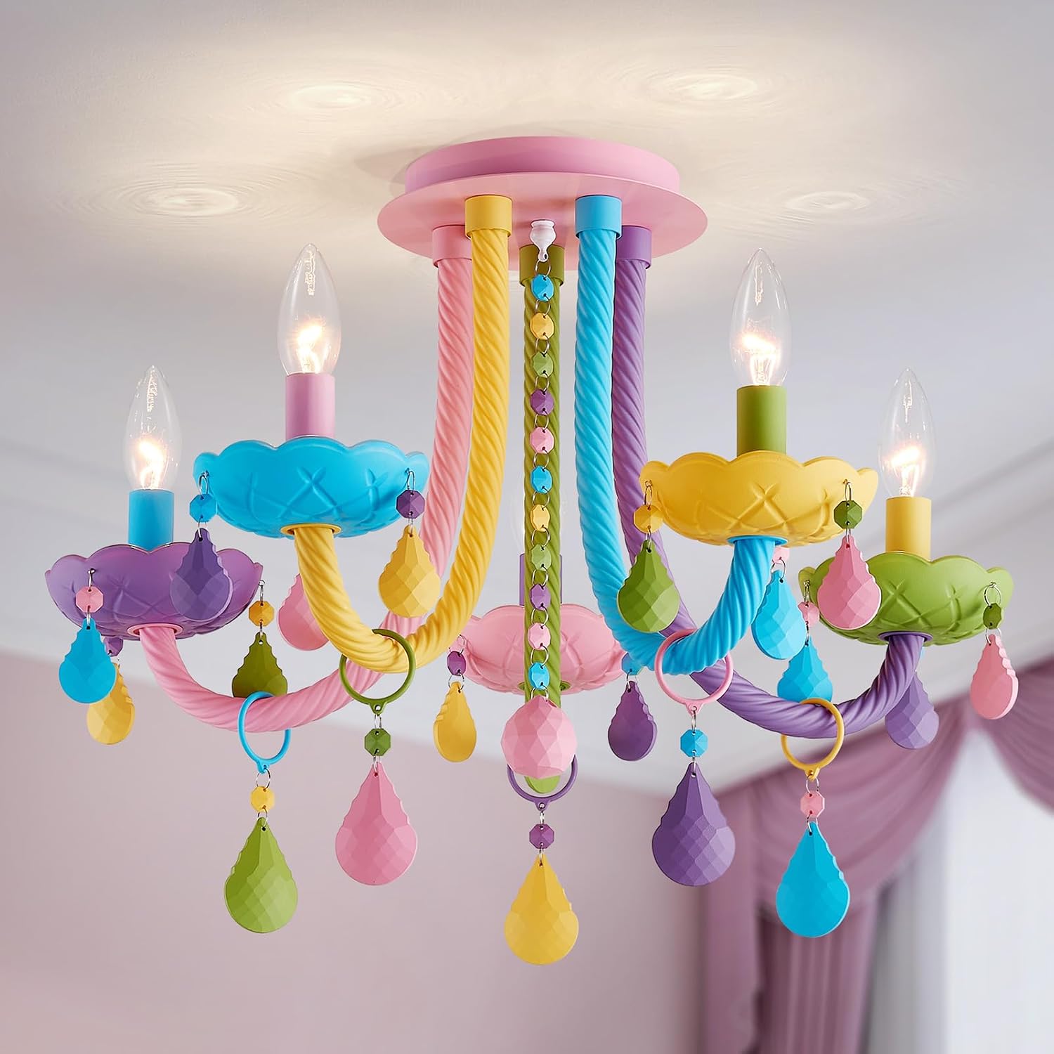 5-Light Children Candle Chandeliers, Modern Candy Design Flush Mount Close to Ceiling Light for Bedroom, Dining Room, Kitchen, Bathroom, D22 × H16 inch, Macaron Colorful Finish & K9 Crystal